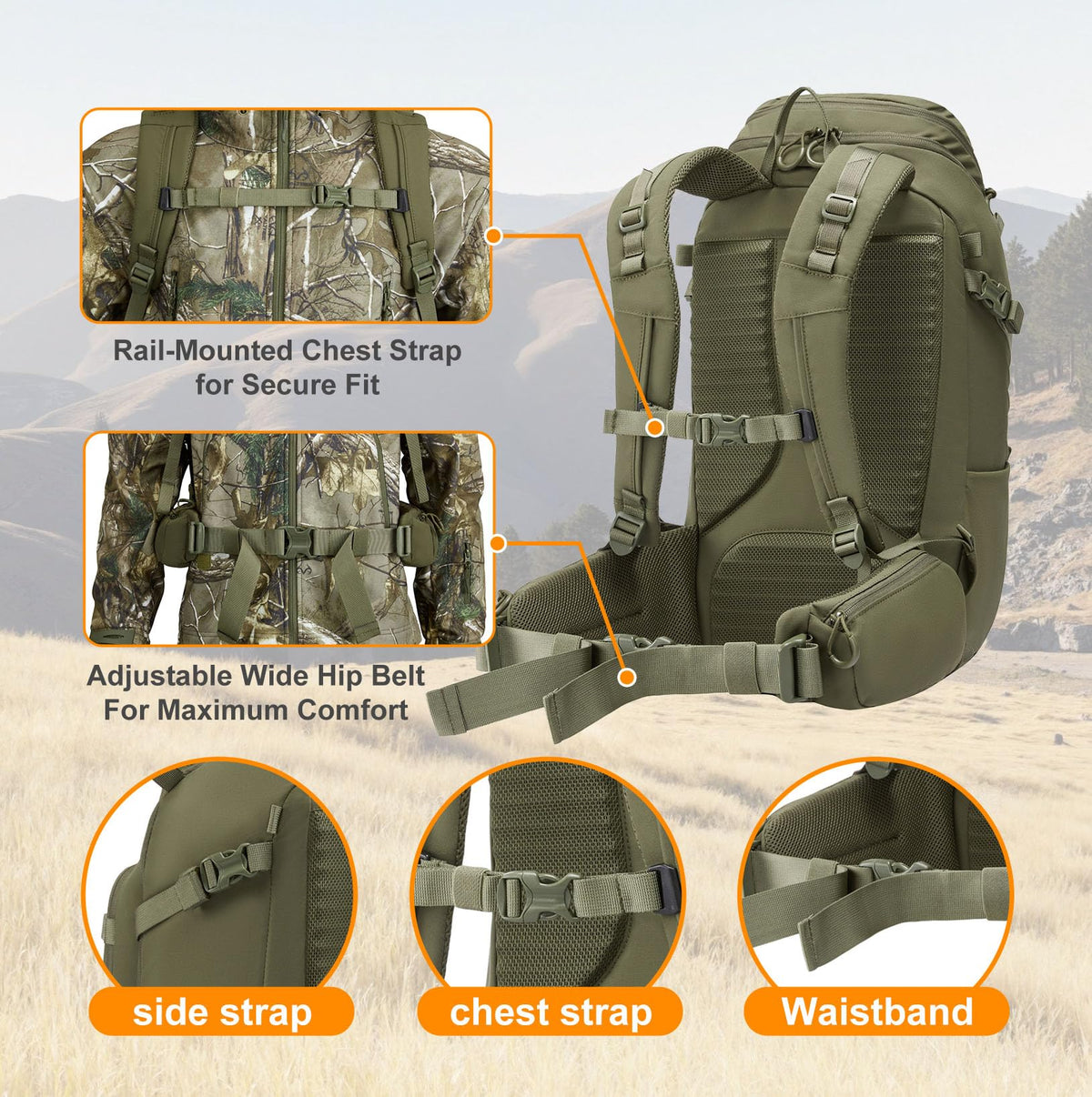 SIATREX SCOUT1800 Hunting Daypack – 500D DWR Tear-Resistant Nylon, Lightweight Tactical Backpack with MOLLE Webbing & Hydration Compatible, for Archery, Scouting, and Backcountry Hunts