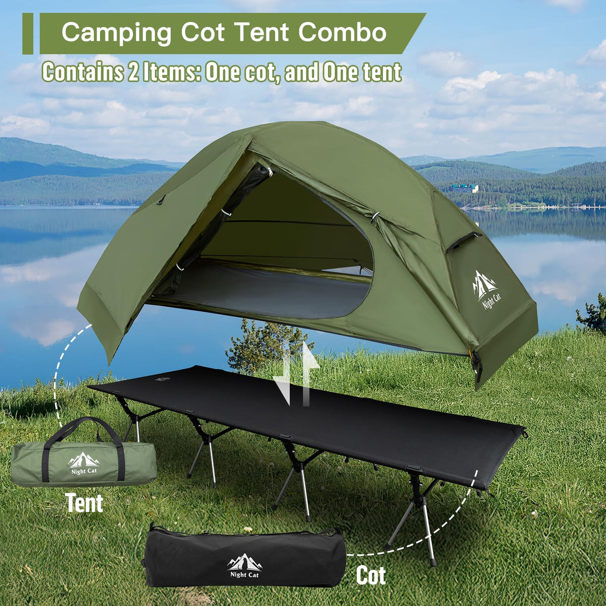 Night Cat Camping Cot Tent with Self-Inflatable Camping Pillow 1-Person Off-Ground Combo Cot Bed for Adults Portable Easy Set-up Tent