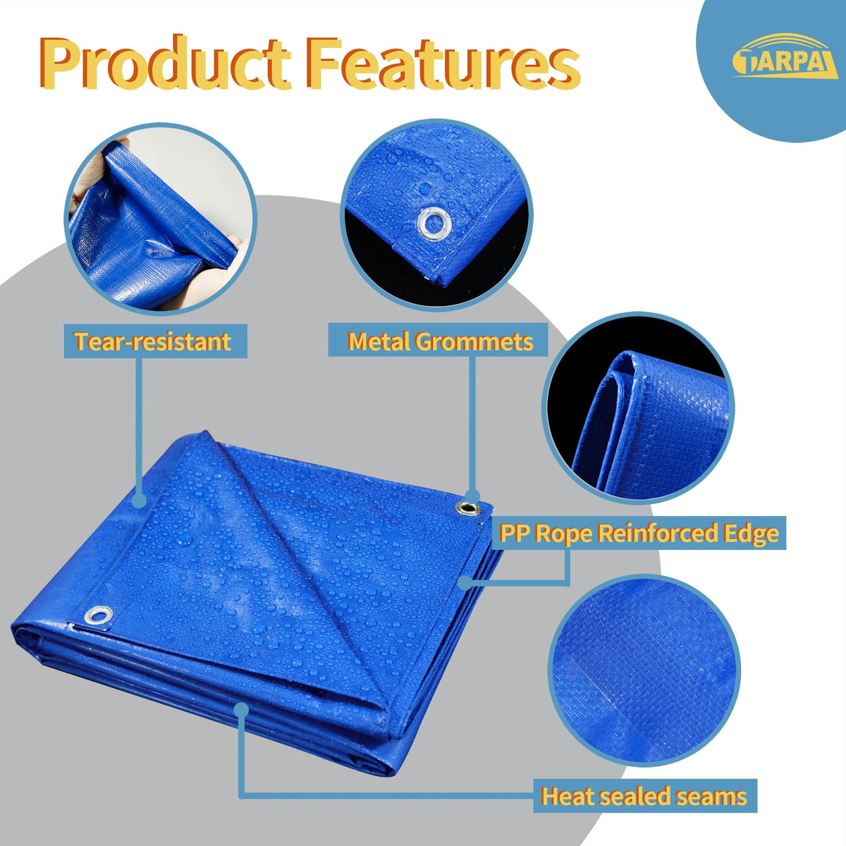 TARPAL 30x50 feet Blue tarp, 8mil Medium Duty tarps Waterproof, Tear Resistant with Metal Grommets, Suitable for Outdoor Tent Emergency rain Cover,Floor tarp,and Other uses.