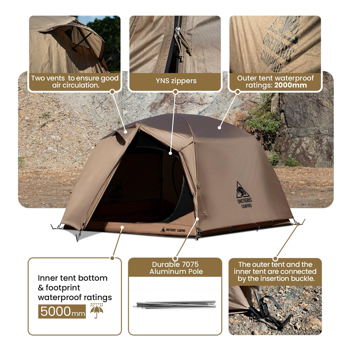 OneTigris JOVIAN 4 Person Camping Tent 3 Season Family Shelter Easy Setup Outdoor Backpacking with 2000mm Outer Rainfly, 5000mm Bottom & Waterproof Floor Mat
