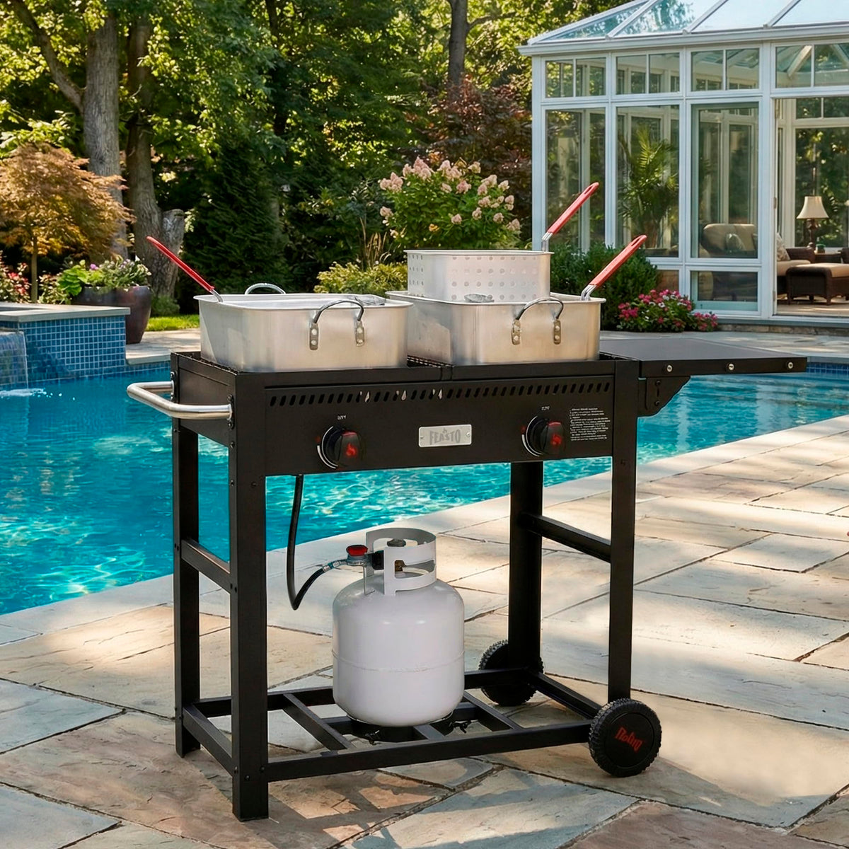 FEASTO Outdoor Propane Deep Fryer with Movable Cart, 2-Burner Stove with 100,000 BTU Total, 2 x 18QT Aluminum Pots, 1 x 18QT Basket & 2 x 9QT Frying Baskets, Portable Fryer for Fish, Fries & Chicken
