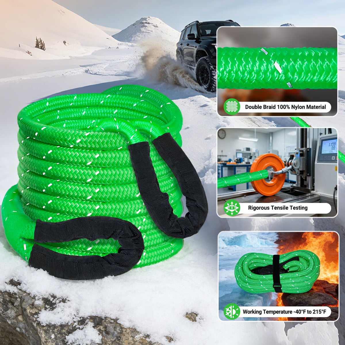 DAJOUJS Kinetic Recovery Tow Rope 7/8" x 30ft Tow Strap 48500lbs Snatch Strap with 2Pcs Soft Shackles 56000lbs Break Strength Heavy Duty Kinetic Towing Rope for Truck ATV UTV Offroad Recovery Rope Kit