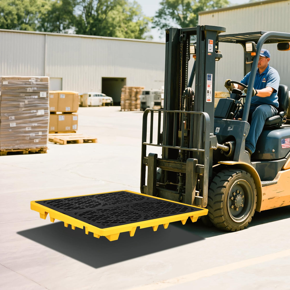 Cjgyz Spill Containment Platform with Drain, 51x51x6in, Anti-Slip Plastic, Leakproof Detachable, 4 Drum Capacity, Yellow for Industrial Use