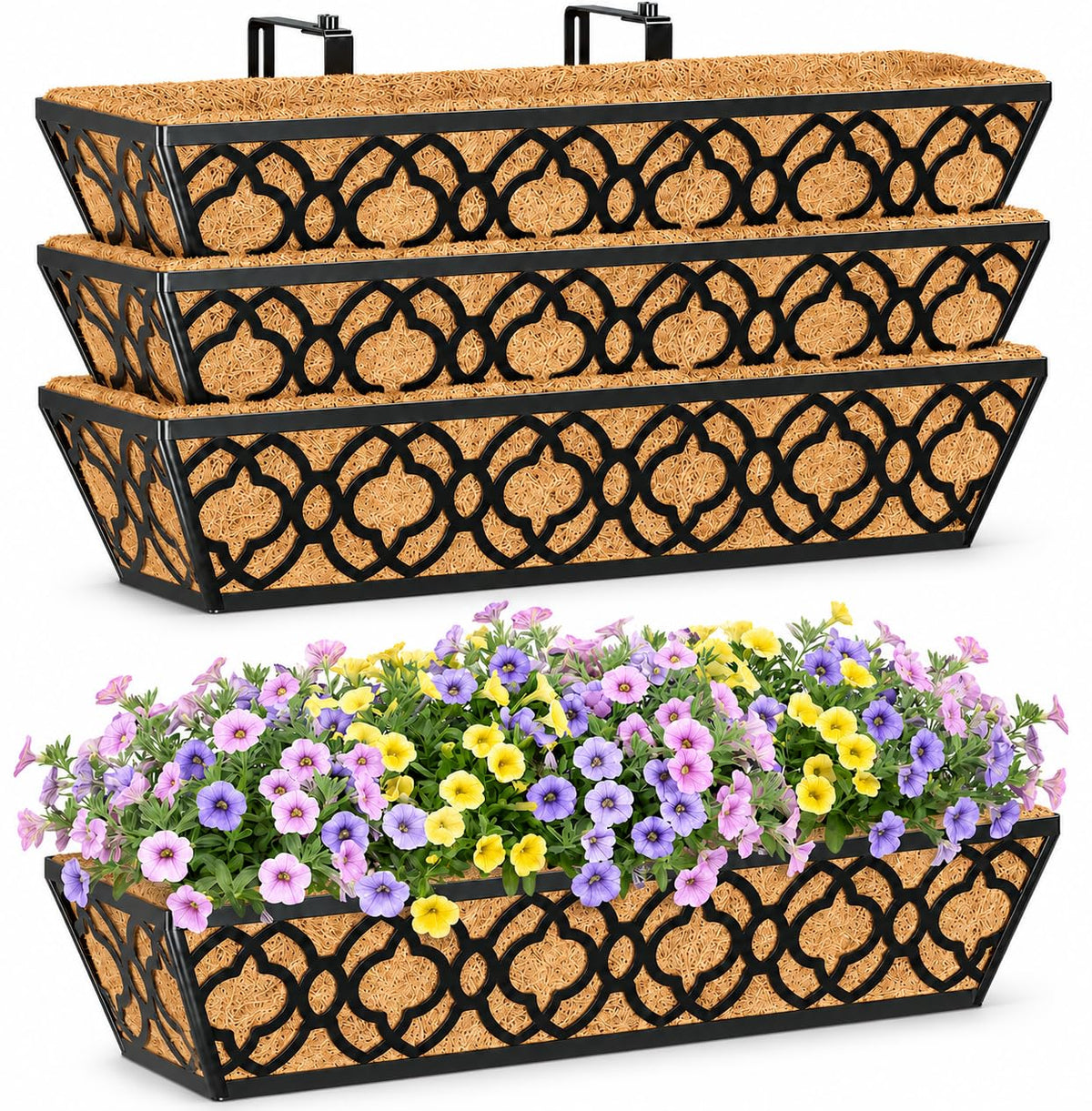 Y&M 4pcs 24 Inch Window Deck with Coconut Coir Liner, 24" Railing Planter Horse Trough Coco Basket Boxes Metal Hanging Flower Balcony for Outdoor Garden Fence Lawn