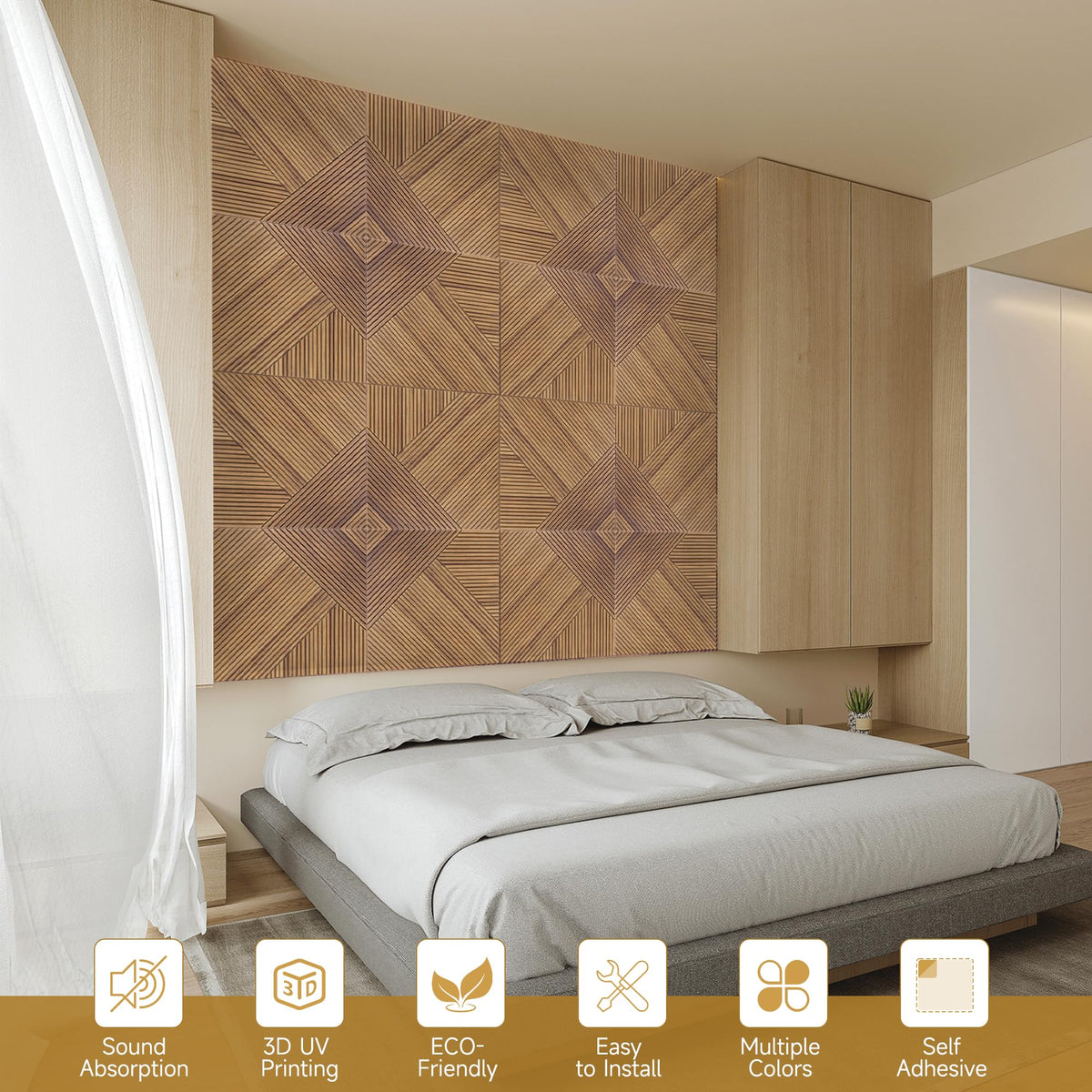 Autorific Acoustic Wall Panels,6 Pack Total Size 72 x 48 Inches,Self-Adhesive Decorative Acoustic Panels for Wall and Ceiling,3D UV Printing with Wood Look,Beech