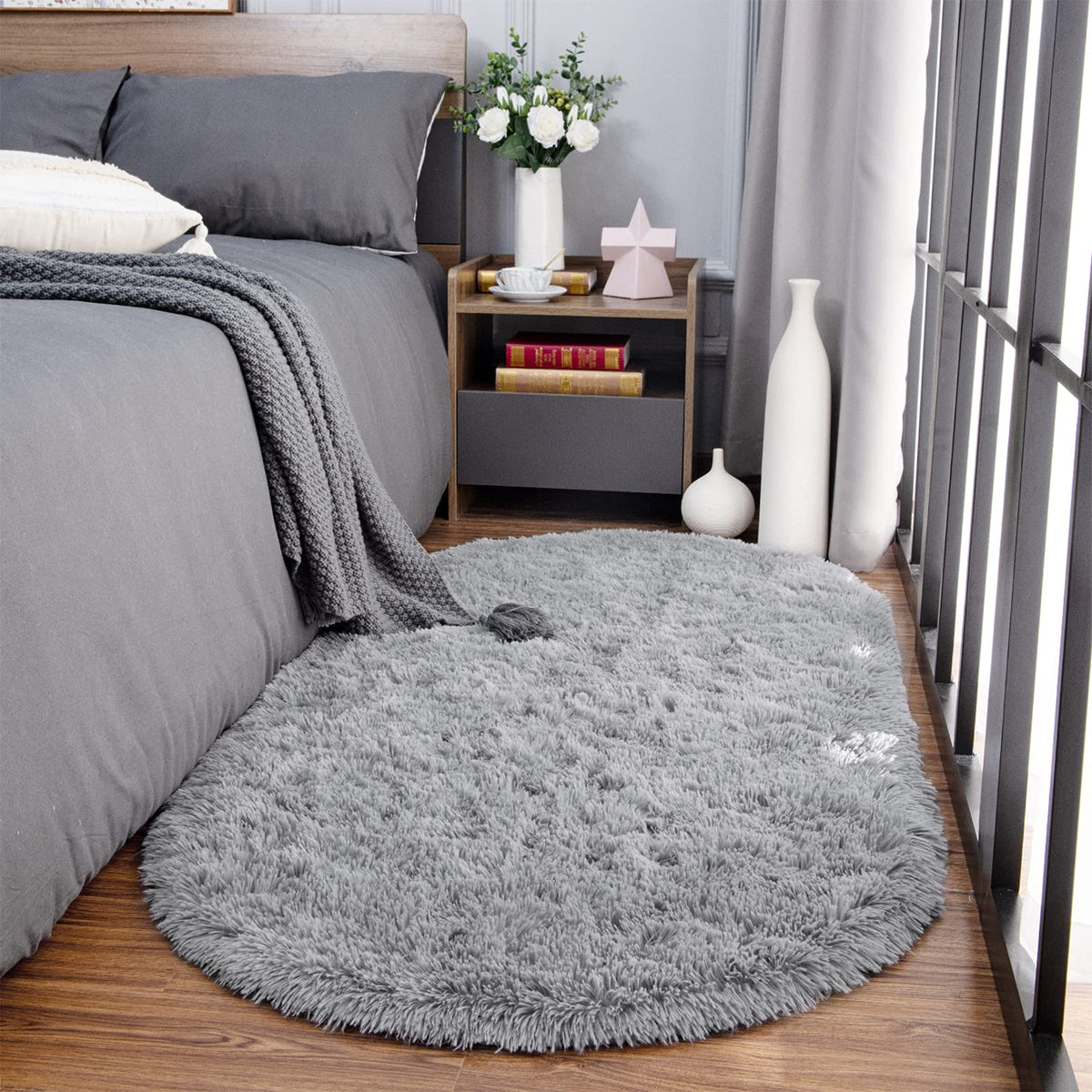 Noahas Fluffy Grey Rugs for Bedroom Living Room,2.6'X5.3' Oval Throw Rug for Kids Room,Shag Hallway Runner Rug,Small Soft Shaggy Bedside Non-Slip Plush Nursery Dorm Carpet Home Decor Aesthetic