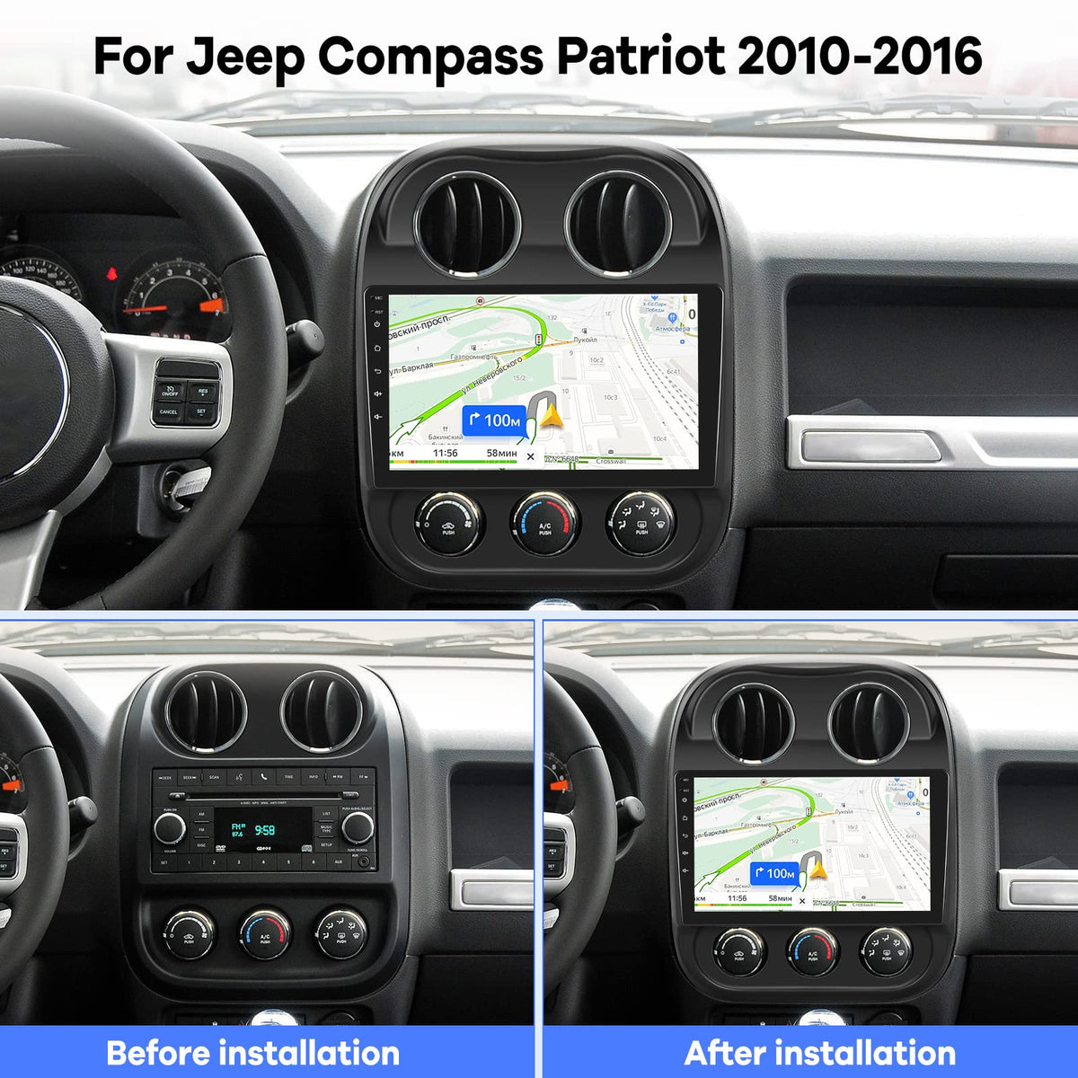 [2G+32G] Car Radio for Jeep Compass Patriot 2010-2016, 10.1 inch Android 11 Touch Screen Stereo, Carplay/Android Auto/Mirror Link/1080P/SWC/Bluetooth/WiFi + AHD Backup Camera for Jeep Compass