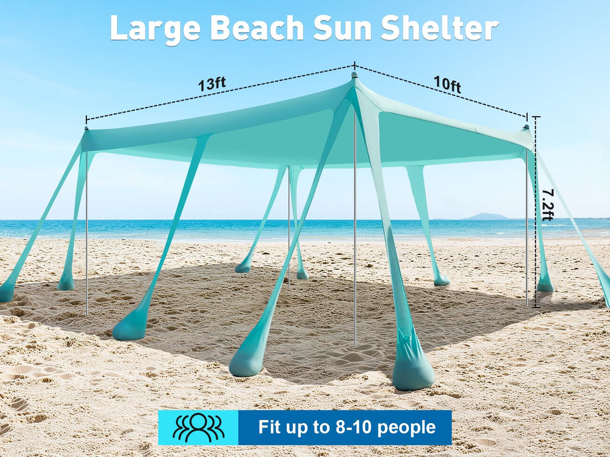 Beach Tent Sun Shelter 13x10FT, UPF50+ Outdoor Beach Shade Canopy with 10 Sandbags, Sand Shovel, Ground Pegs & Stability Poles, Beach Canopy Tent for Camping, Fishing, Picnics, Trips