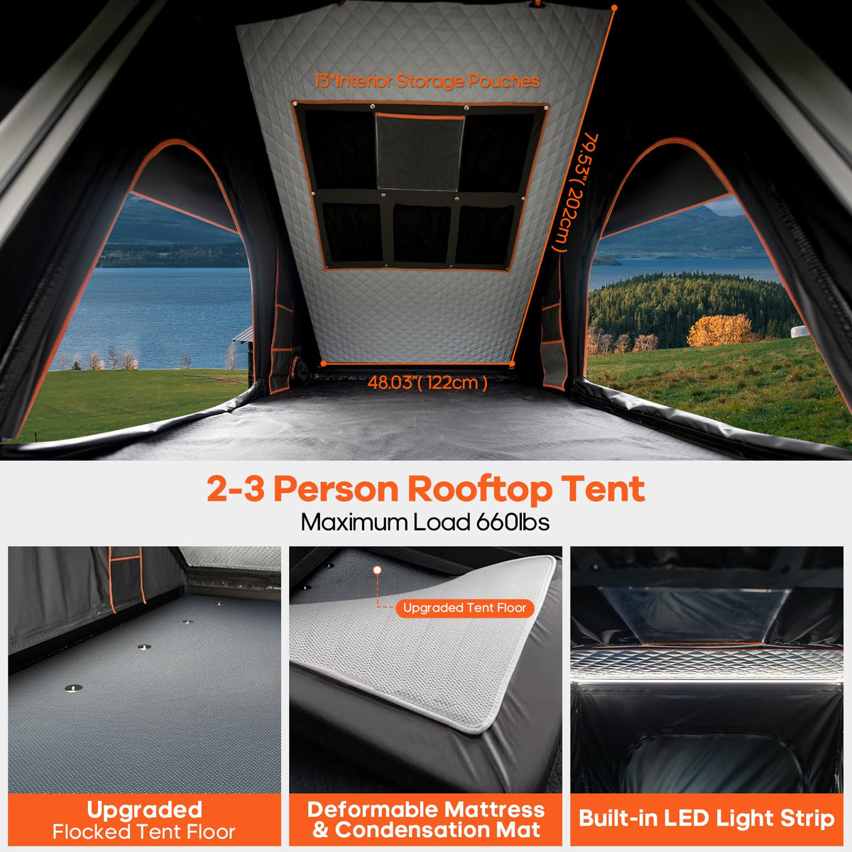 Explorer Pro Rooftop Tent Hard Shell with Side Awning&LED Light Strip, 2-3 Person Roof Top Tent for 4 Season Camping, Aluminum Pop Up Roof Tent for Truck Jeep SUV Van Trailer