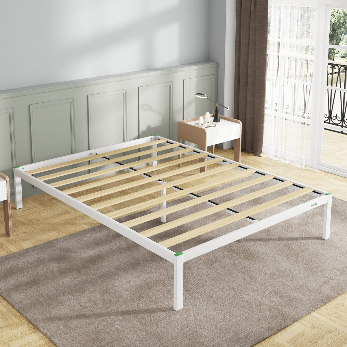 Novilla 14 Inch Bed Frame Queen Size, Metal Bed Frame with Storage,Queen Platform Bed Frame No Box Spring Needed, Wooden Slats Support, Heavy Duty, Easy Assembly, White