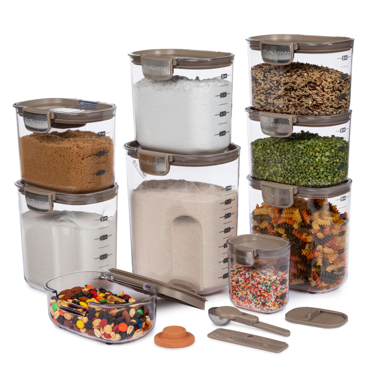 ProKeeper+ Airtight Food Storage Container Set – Clear Plastic Flour and Sugar Canister Set with Magnetic Accessories for Kitchen Organization (Taupe, 13-Piece)
