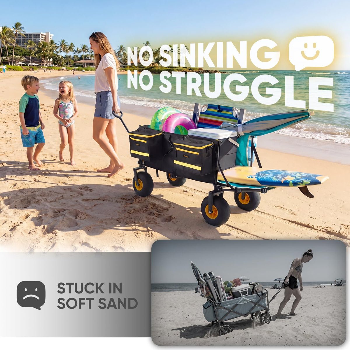 Sekey Heavy Duty Beach Wagon with 9" Big Sand-Proof Wheels, 300L Oversized Foldable Beach Cart with Cooler| Adjustable Handle & Balloon Tires for Sand, Camping,Vacation