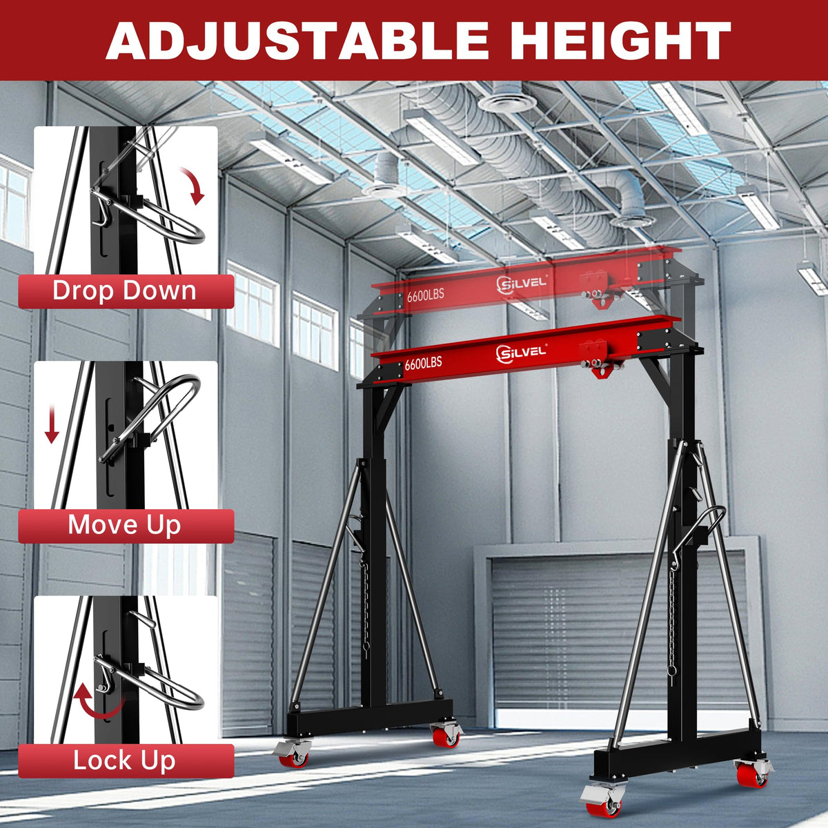 SILVEL 3 Ton Gantry Crane, Max 6600Lbs 8.53FT Maximum Capacity Width, Adjustable Height 8.53-12.47FT, Portable Shop Lift Hoist with 3 Ton Manual Trolley for Factories, Warehouses, Garage, Red