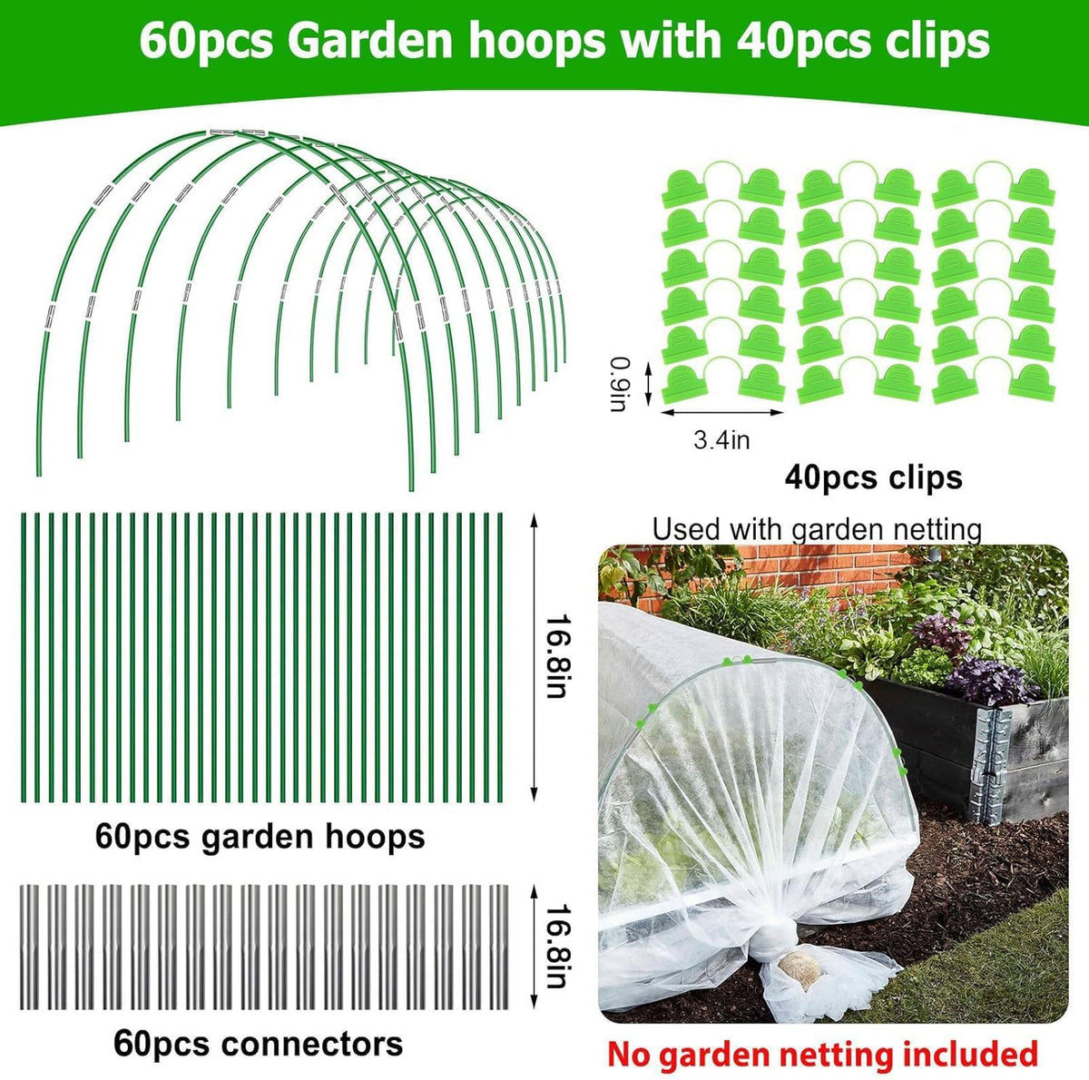 60pcs Garden Hoops for Raised Beds Wide, 8ft Greenhouse Hoops Grow Tunnel for Row Cover Netting, Adjustable Fiberglass Rust-Free Garden Bed Plant Hoops Support DIY Frame Stake for Outdoor, 40pcs Clips