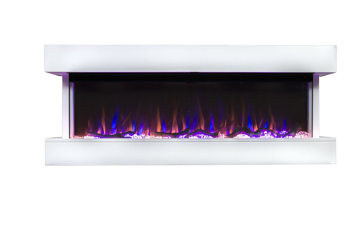 Touchstone Chesmont Smart Electric Fireplace- Wall Hanging Fireplace with 50" Wide White Floating Mantle- Alexa/WiFi Enabled-10 Color-1,500W Heater- Crystals & Driftwood-Model 80033