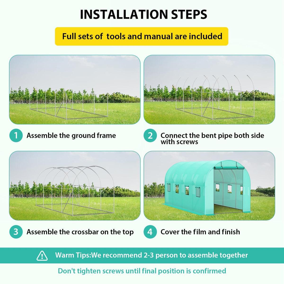 7*15*7FT Walk-in Greenhouse, Portable Walking in Tunnel Tent, Walking in Tunnel Tent with Galvanized Pipe, 2 Roller Zippered Door & 8 Screen Windows, Greenhouses for Outdoors (Bottom widening Design)