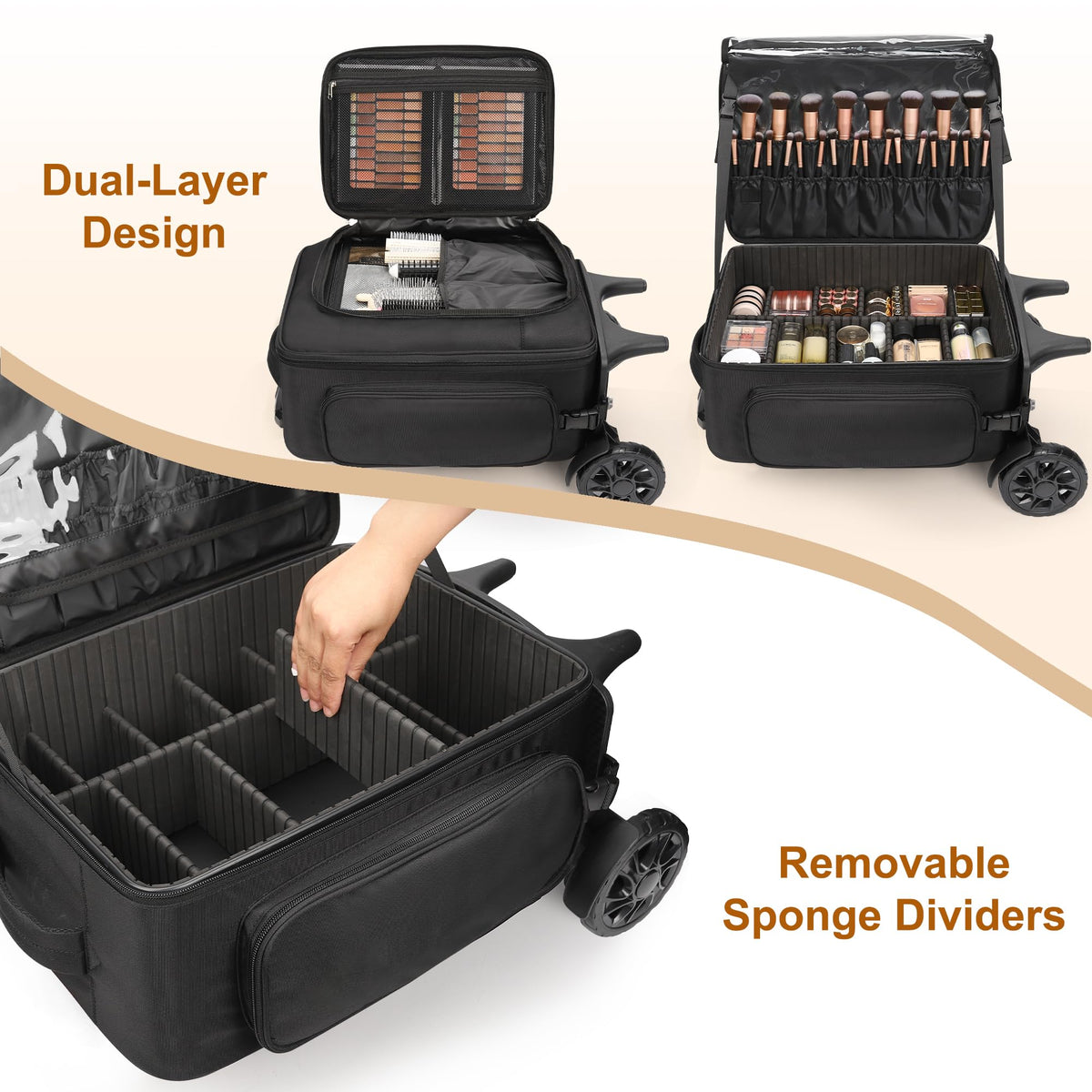 Relavel Rolling Makeup Case with 4 Small Makeup Bags, Large Make Up Travel Organizer with 2 big Wheels, Professional Lockable Makeup Artist Backpack with Adjustable Dividers for Daily Use - Black