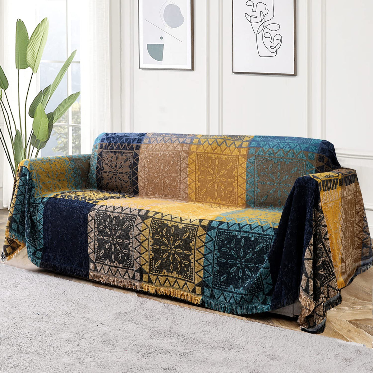 Turquoize Boho Couch Cover Bohemian Cotton Sofa Cover Sofa Throw Cover for Couches Sofa Slipcover Sectional Sofa Couch Covers Feature Hippie Chenille Jacquard Fabric(91"x 134",XX-Large,Yellow Navy)