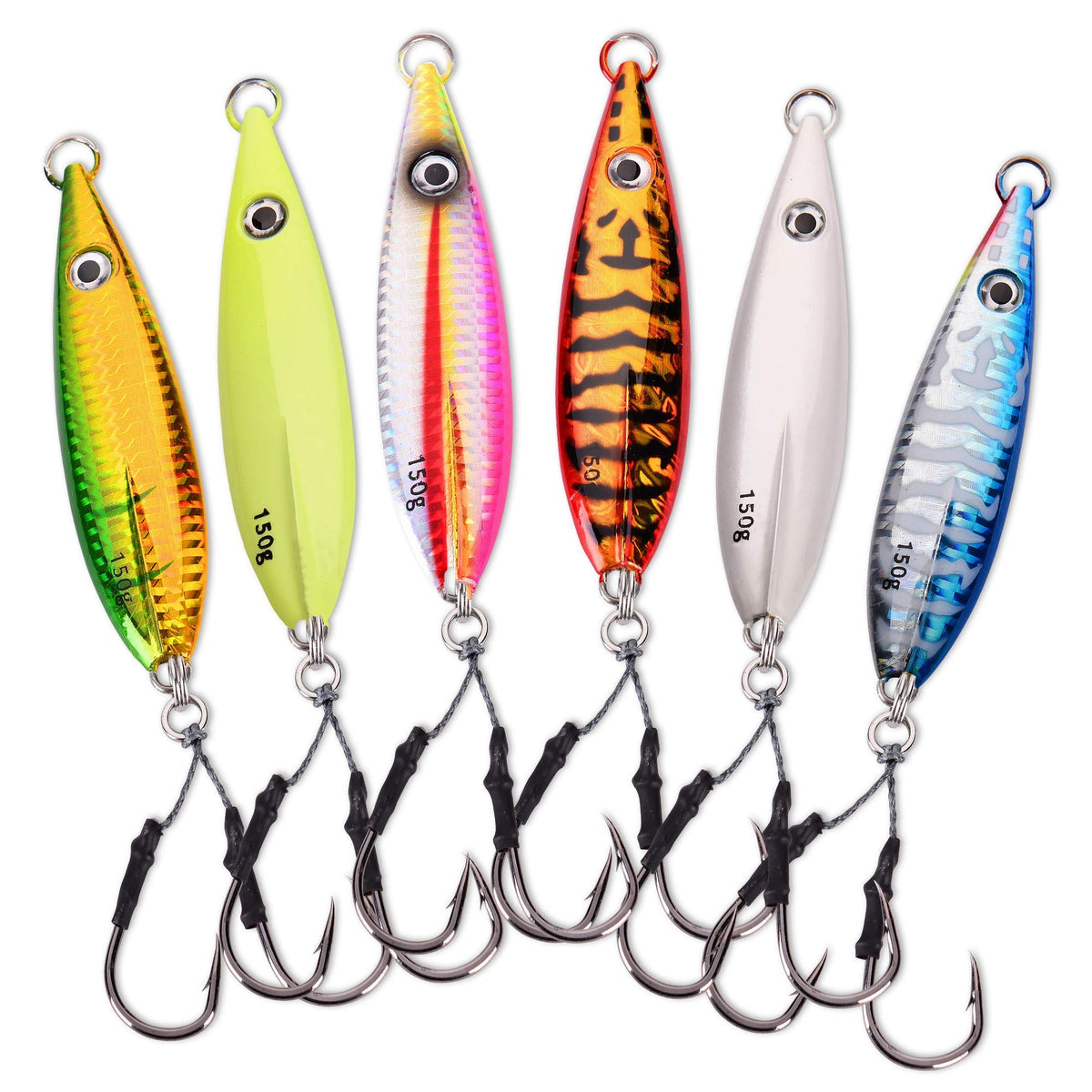 Calissa Offshore Tackle Fast Fall Jig 80g 150g 250g 300LBS Assist Hooks 3/0 Butterfly - Vertical Jig Speed Lure Slow Pitch Flat Glow Color Painted on Both Sides (6 Pack, 450g)