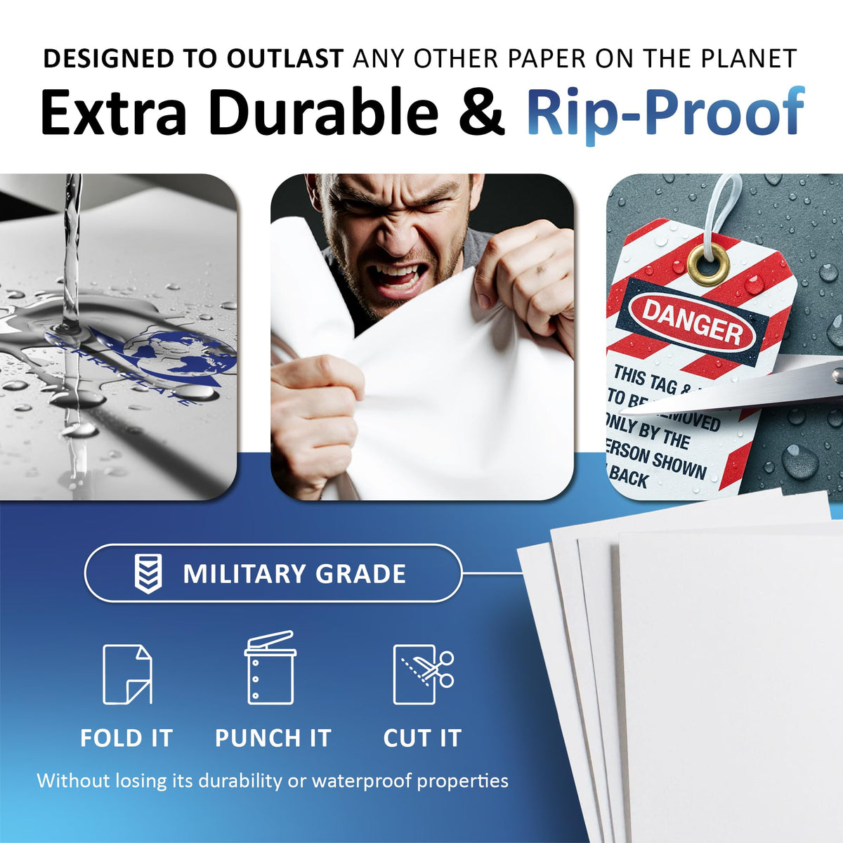 TerraSlate Waterproof Laser Printer Paper, 5 MIL 8.5" x 14", White, 250 Sheets I Rain/Weather/Rip-Proof Printing Paper