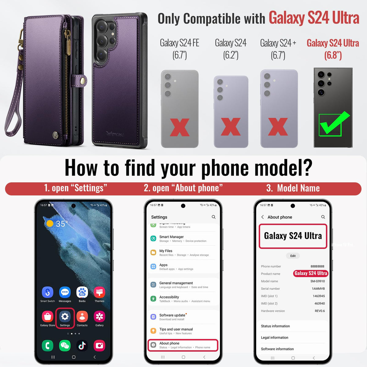 Defencase for Samsung Galaxy S24 Ultra Magnetic Wallet Case Compatible with Magsafe with RFID Blocking Zipper & Card Holder Women, PU Leather Detachable Phone Case for Galaxy S24 Ultra 6.8", Purple