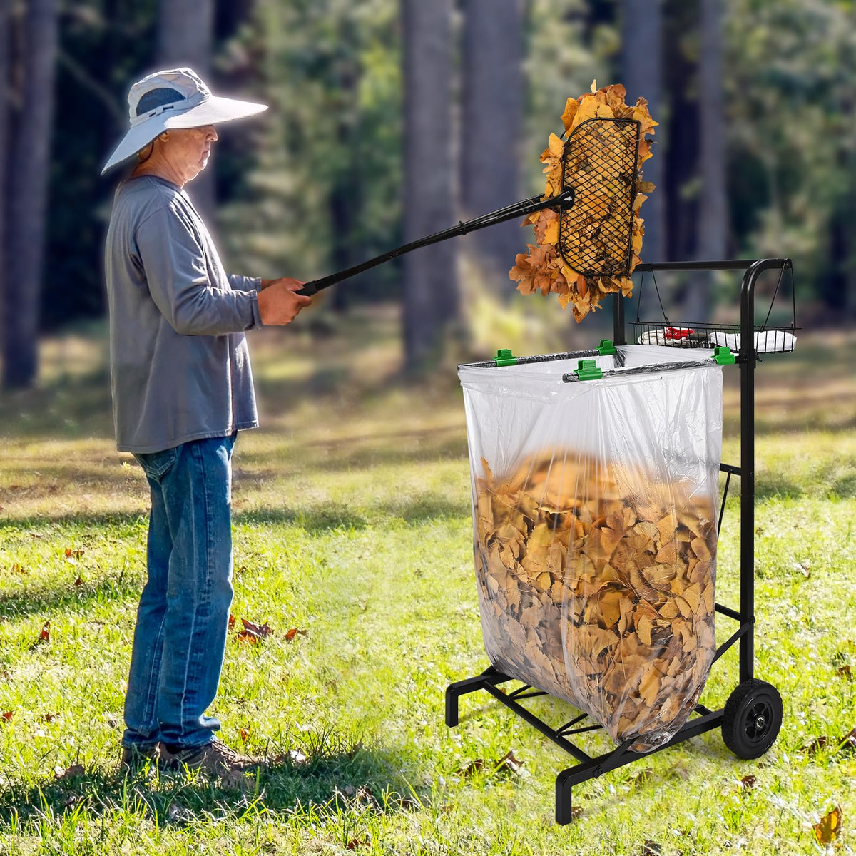 CAROD Mobile Trash Bag Holder with Storage Basket and Ergonomic Handle, Convenient Leaf Bag Cart with Leaves Grabber Rake Combo, Suitable for Leaves, Weeding, Camping, Party
