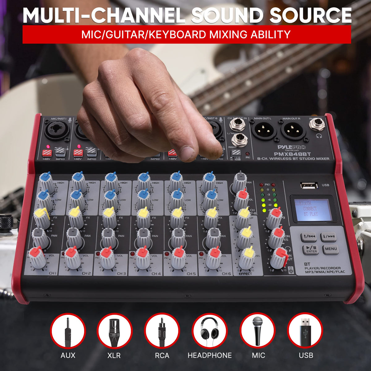 Pyle Professional Wireless DJ Audio Mixer - 8-Channel Bluetooth Compatible DJ Controller Sound Mixer w/USB Port, 6 Mic/Line Input, ¼” Mono/Stereo Input, Headphone Jack, +48V Phantom Power - PMX848BT