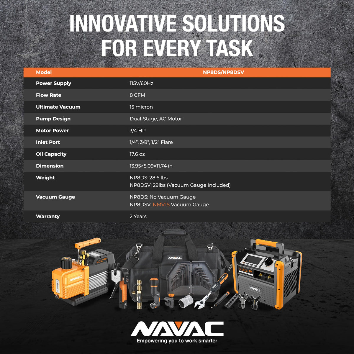 NAVAC Smart Vacuum Pump - 8 CFM Dual-Stage AC Motor, 15 Micron, Real-Time Readings with Digital Display & Compatible NMV1S Bluetooth Gauge, Compact HVAC Pump, Vacuum Gauge Not Included, 28.6 lbs