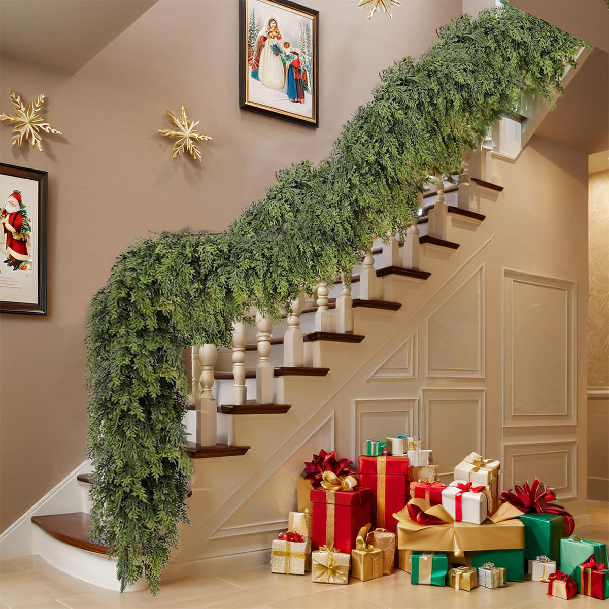 Christmas Garland, 9FT Real Touch Winter Pine Cedar Garlands for Indoor Home, Mantel, Staircase and Outdoor Decor - Perfect for Families Christmas Decorations (Christmas Cedar Garland, 9FT)