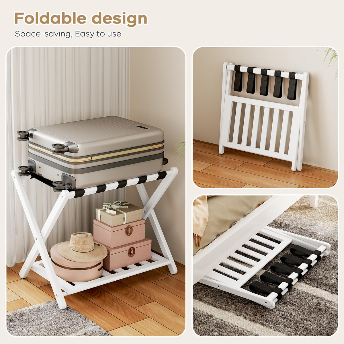 Oakvora Luggage Rack for Guest Room - Set of 2 Full Assembled 26.77" L Luggage Rack Stand for Suitcases, Foldable Luggage Holder with Shoe Shelf for Bedroom, Hotel (White Bamboo Suitcase Stands)