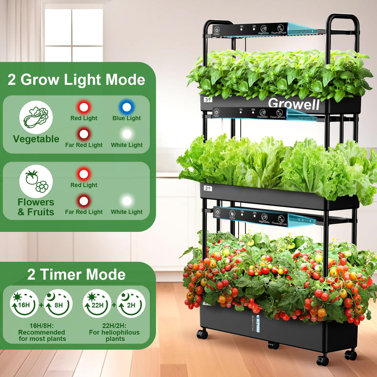 Growell 16 Pods Hydroponics Growing System Kit & 90 Pods Vertical Indoor Garden