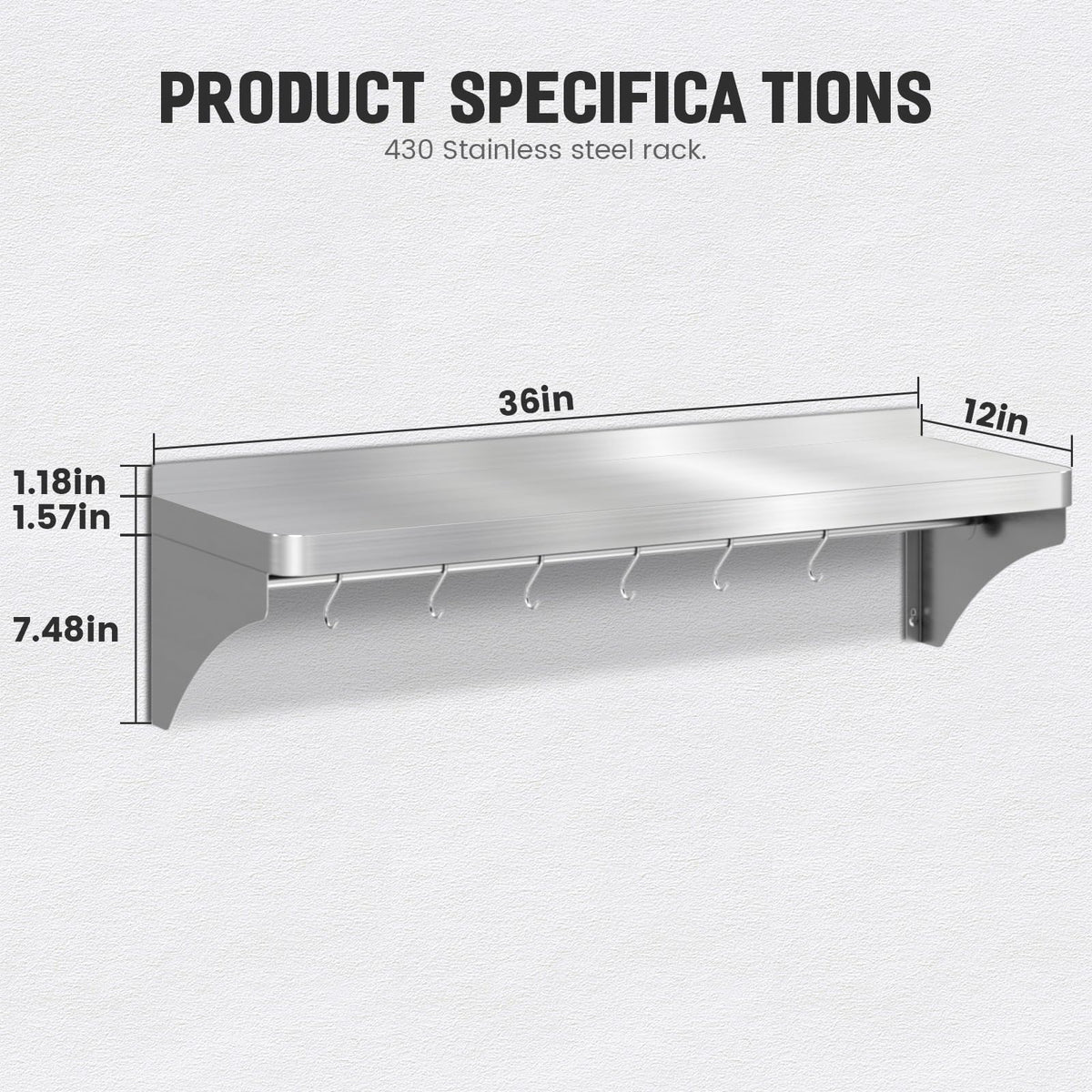 Commercial Stainless Steel Shelf 36" x 12" - 250lb Load Capacity, Heavy Duty Stainless Steel Wall Mounted Kitchen Shelf with Backsplash & 6 Hooks for Restaurant, Laundry