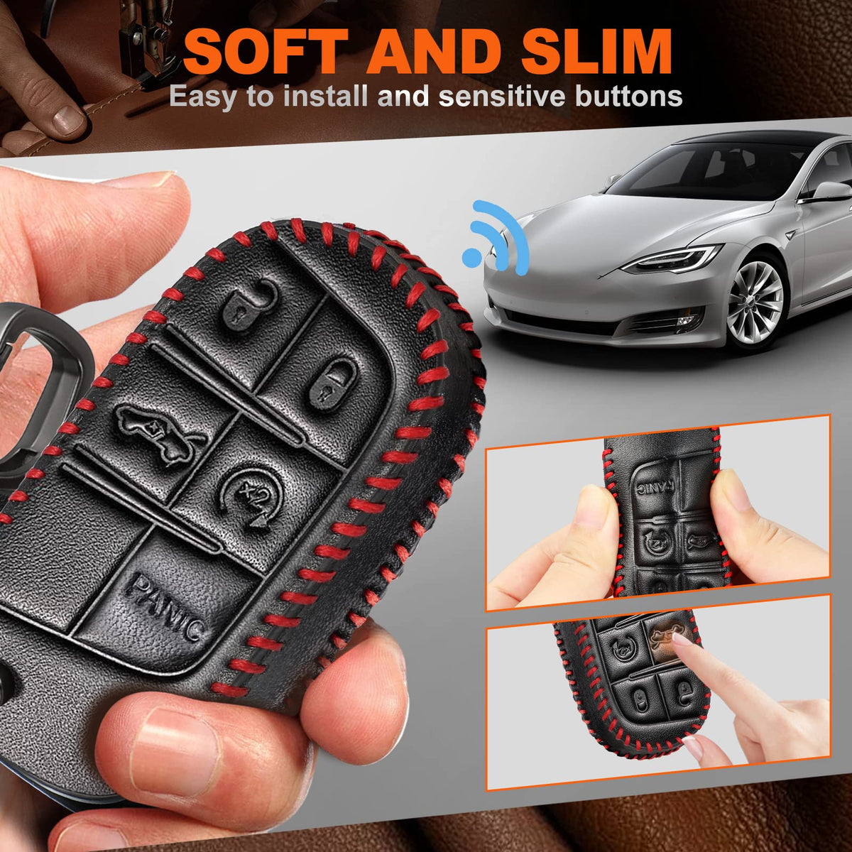Slohif Key Fob Cover Keychain Accessories for Jeep for Grand Cherokee Renegade Chrysler 200 300 Dodge RAM Durango Charger Challenger Journey Dart Fiat 5 Buttons, leather Case+D-Ring+Hook(Black)