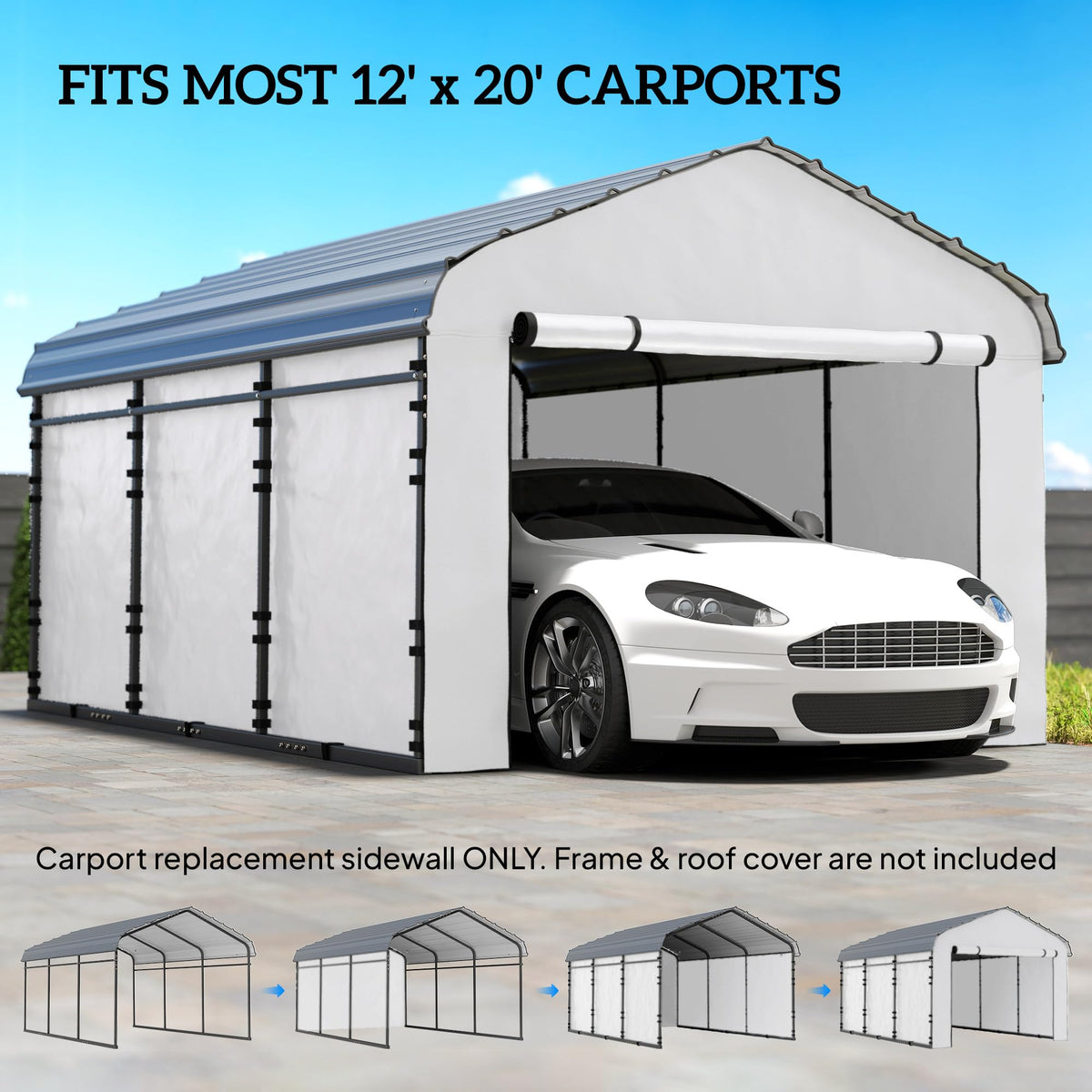 Outsunny Carport Replacement Sidewall Panels Set of 4 for 12' x 20' Carports, UPF50+ Waterproof PE Tarp Replacement Side Wall Cover with Zipper Door, Top Cover and Frame Not Included, White