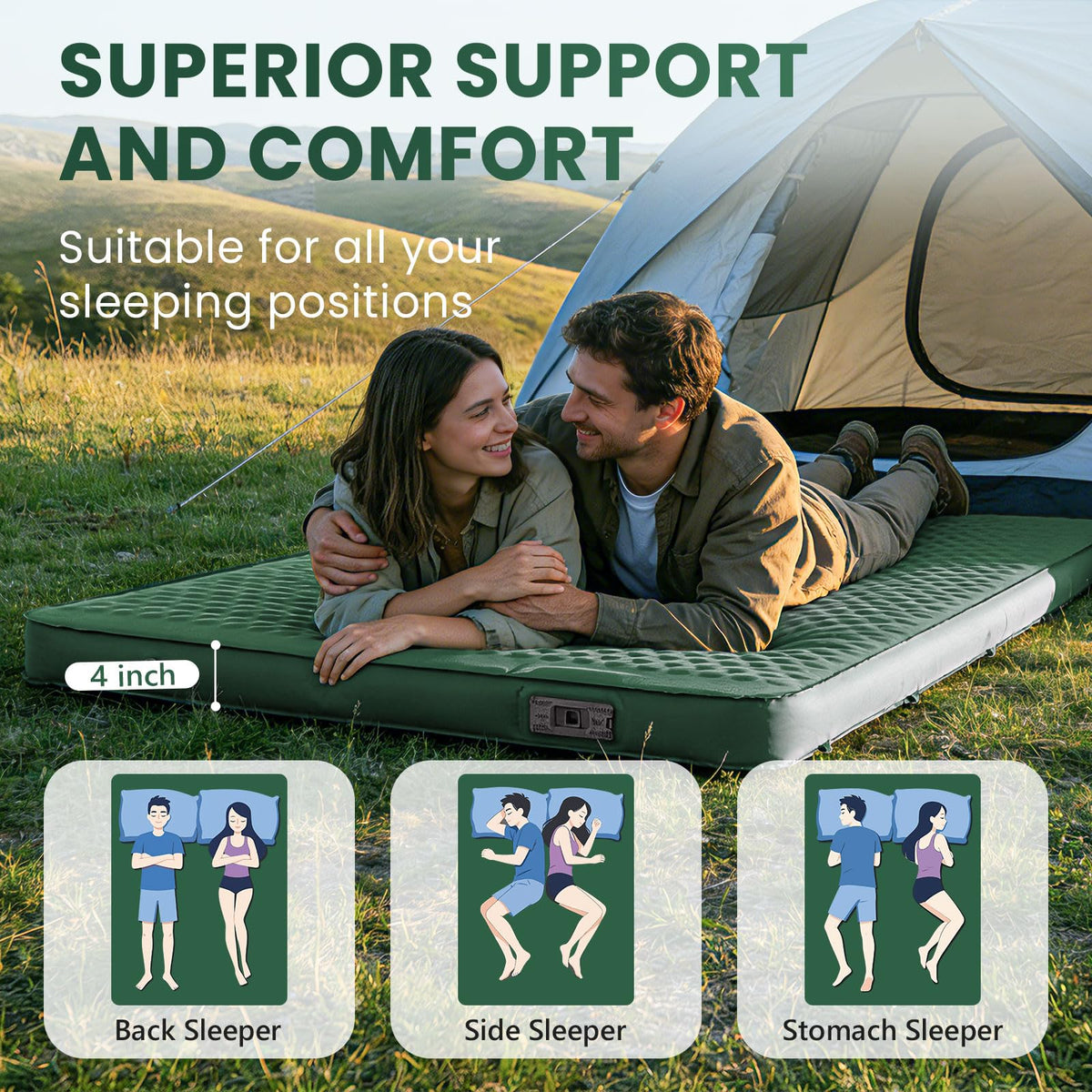 Self Inflating Double Sleeping Pad for Camping with Electric Pump 4 Inch Ultra Thick Memory Foam 2 Person Inflatable Sleeping Pad All Season Full Size Portable Camping Mattress for Travel,Tent (Green)