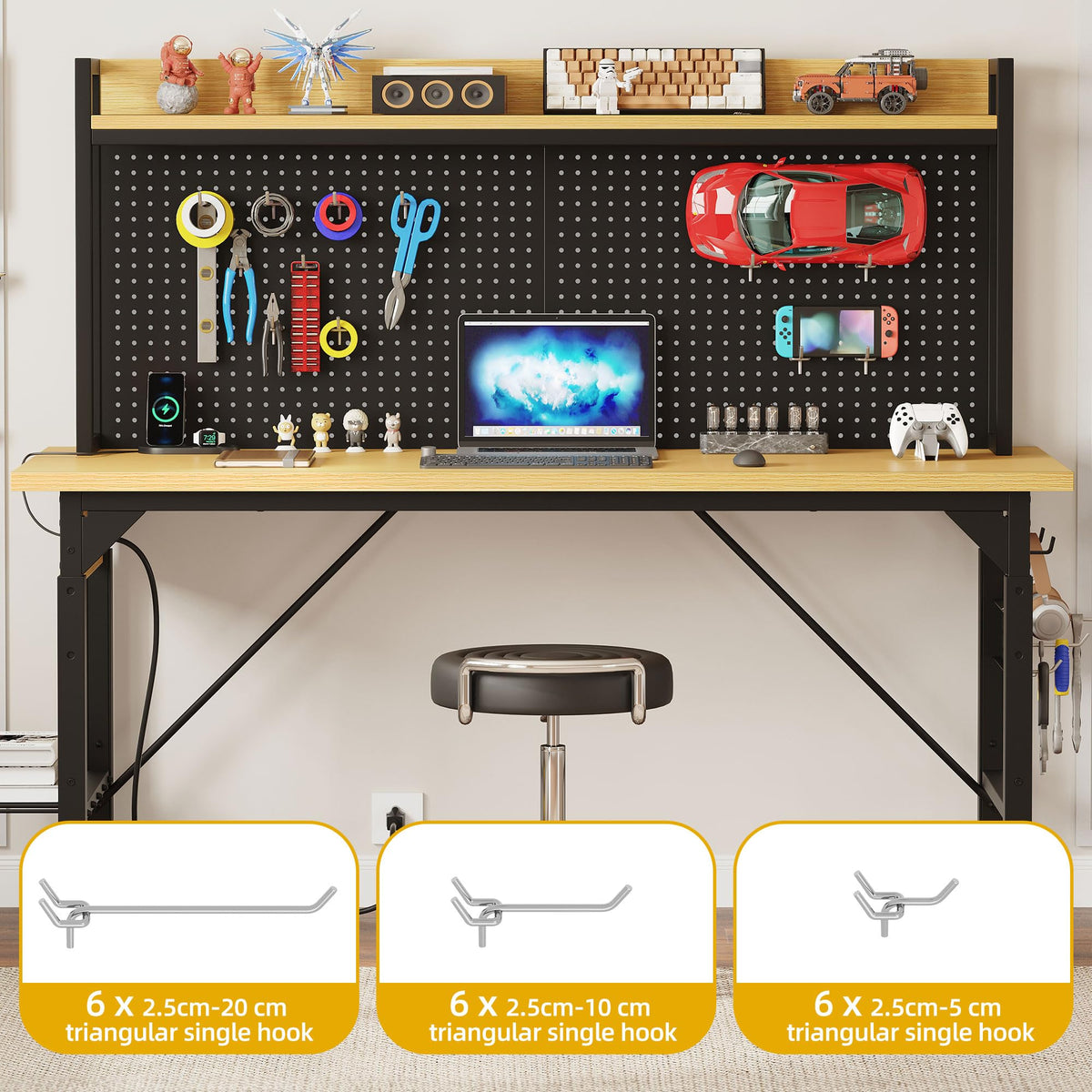 DWVO 60" Adjustable Workbench with Pegboard, Heavy Duty Wood Top Work Bench with Wheels, 1600 LBS Load Capacity, Rolling Work Table with AC/USB Outlet, Hooks, Rack for Garage, Workshop, Office, Home