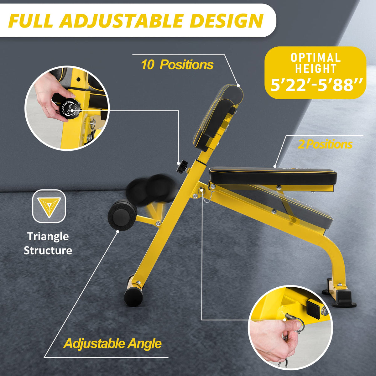 BODYRHYTHM Compact Adjustable Weighted Bench for Full Body Strength Training, Ab/Back Hyper Roman Chair, Adjustable Ab Sit up Bench, Hyperextension Bench, Back Extension Machine (Yellow)