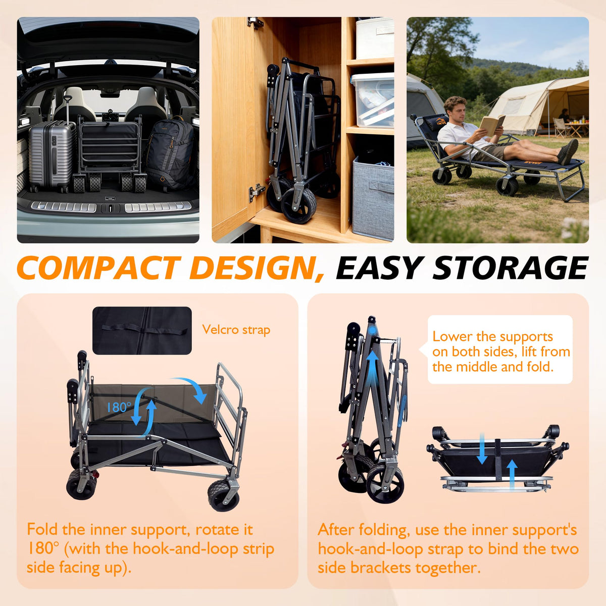 IWVE Heavy Duty Folding Wagon Cart 660 lb Capacity, 3-in-1 Collapsible Utility Wagon with Adjustable Handle and All-Terrain Wheels for Camping, Beach, Grocery, Outdoor Use