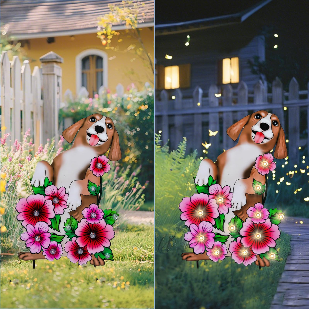 WONDER GARDEN Decorative Garden Stakes - Lighted Dog and Flower Yard Sign Stakes Spring Signs for Outdoor, Porch, Yard,Flower Bed Decor (Battery Operated)