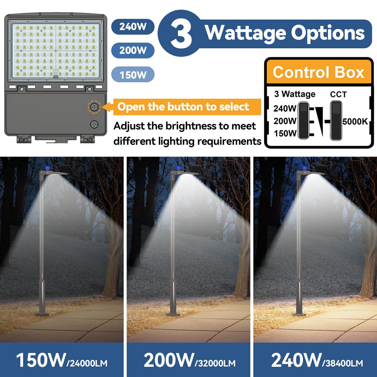 240W LED Parking Lot Light 3Pack: 150/200/240W Selectable, 38400LM 5000K LED Pole Light with Photocell, Slip Fitter Mount LED Shoebox Light for Yard Driveway Stadium Roadways, IP65 100-277VAC, ETL