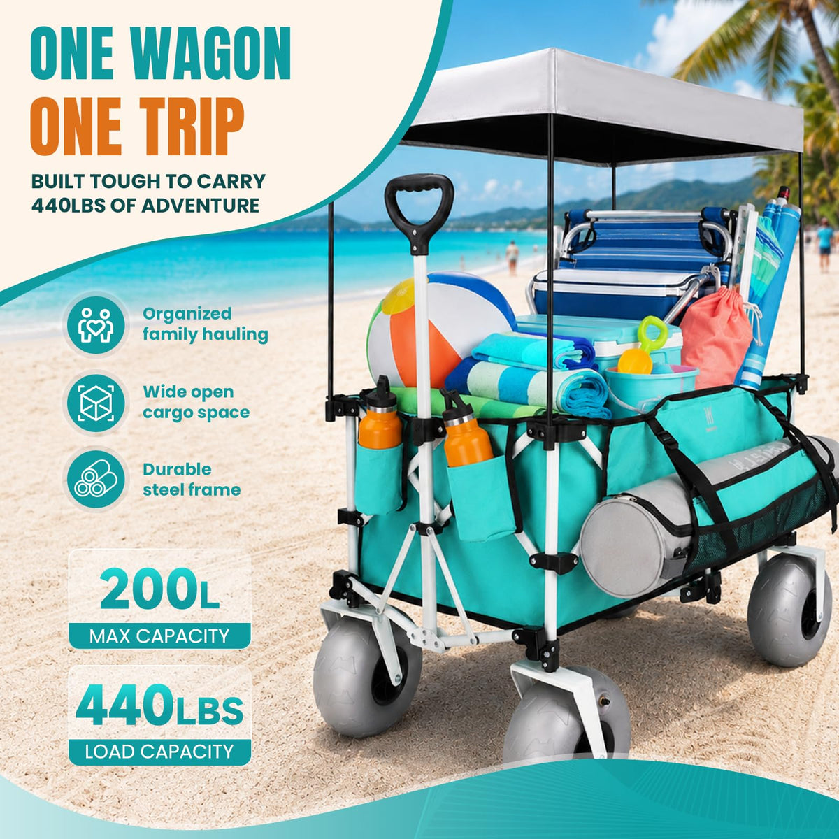 Navatiee Beach Wagon with Big Balloon Wheels for Sand, 200L Extra Large Beach Cart with Canopy, 440Lbs Heavy Duty Folding Wagon Collapsible with 9" Tires & Side Pocket for Beach, Outdoor, Light Blue