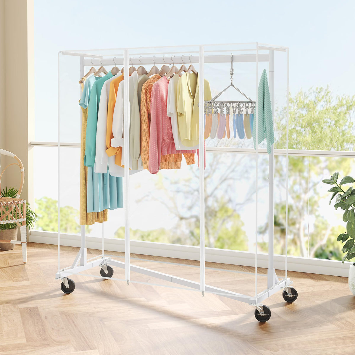 Hoctieon Z Clothes Rack with Cover, Metal Heavy Duty Clothing Rack, Rolling Garment Rack with Wheels, with Dustproof Cover Waterproof Protector, with 2 Durable Zippers, for Hanging Clothes, White