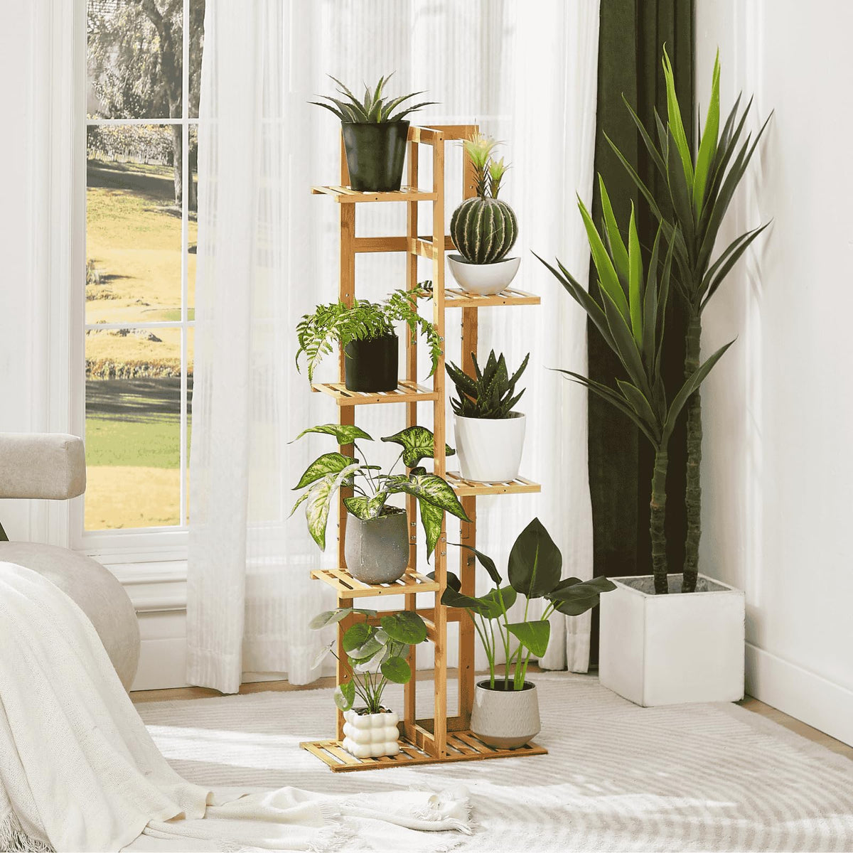 DolceLuna Plant Stand Indoor Corner, Tiered Bamboo Plant Shelf 46 Inch Tall, Plant Rack 6 Tier for Multiple Small Plants, Flower Holders for Living Room Bedroom Window Patio Balcony, Natural