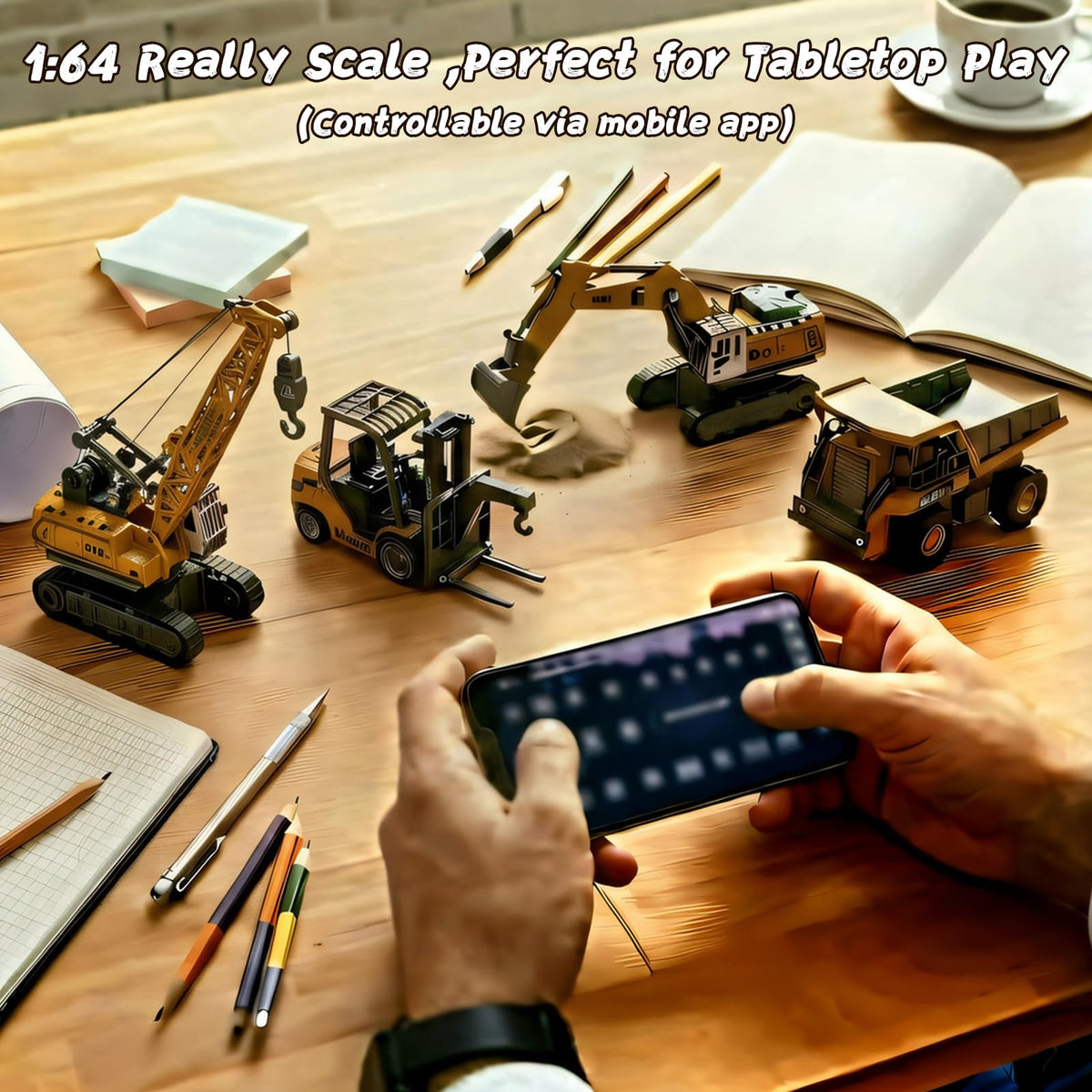 4 PCS RC Construction Vehicles Set with Mini Excavator dump truck Forklift and crane USB Charge Real Lights & Sounds and Movable Parts & Traffic Sign Simulate True Scale Birthday Gifts for Kids Adults