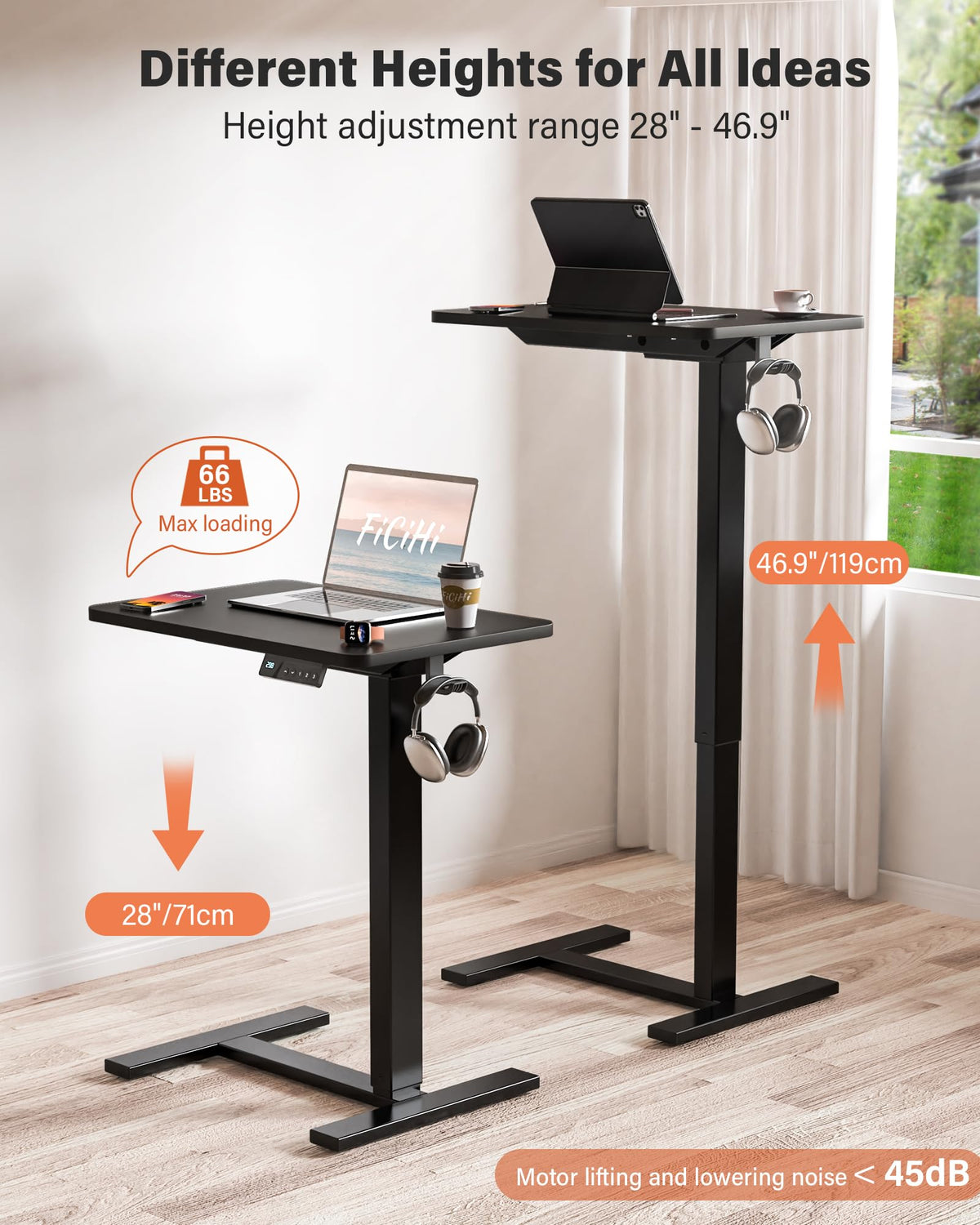 FiCiHi Electric Standing Desk with Wheels – Adjustable Height Mobile Sit-Stand Laptop Table, Portable Rolling Small Computer Workstation for Home Office & Bedside Use (28"x16", Black)