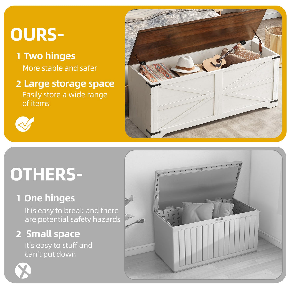 DWVO Storage Bench, 47.2" Farmhouse Storage Chest with 2 Safety Hinges, Wooden Utility Organizer, Shoe Bench for Entryway, Bedroom, Living Room, White and Walnut