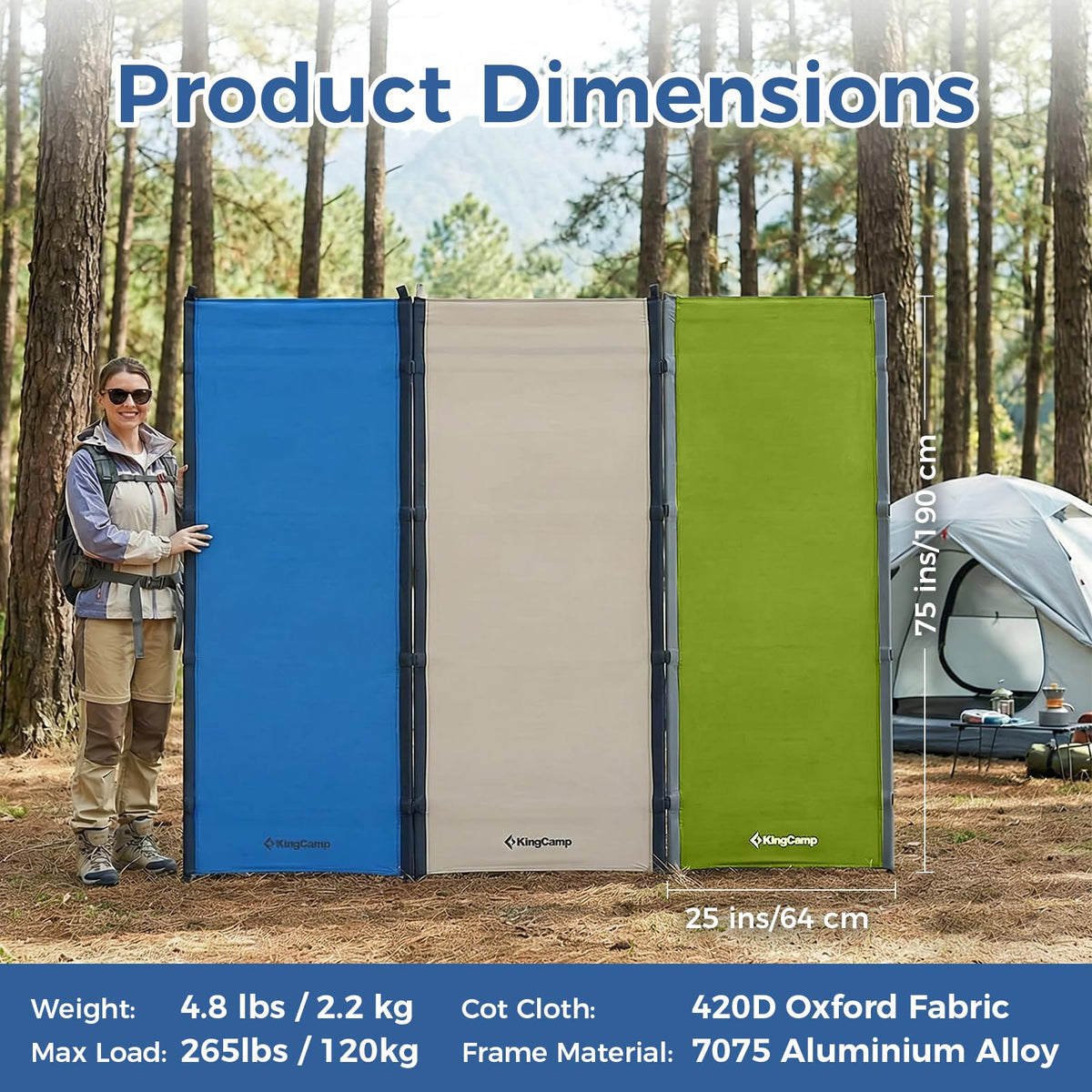 KingCamp Ultralight Camping Cot, Portable Folding Sleeping Cot for Adults, 265 Lbs Heavy Duty Compact Bed for Outdoor Backpacking Travel Hiking, Extra Wide 75 x 25 Inches, Blue Black