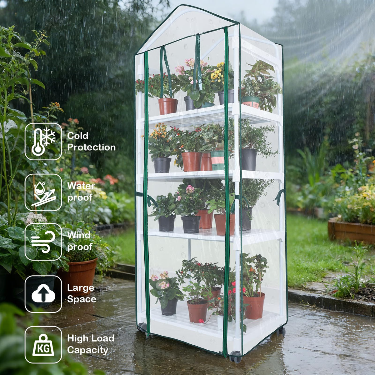 Mini Indoor Greenhouse, 4-Tier Portable Plant Greenhouse Cabinet with Wheels, Waterproof PVC Tent Cover for Indoor Outdoor Seed Starting, Plants, Flowers (Clear, 4 Tier)