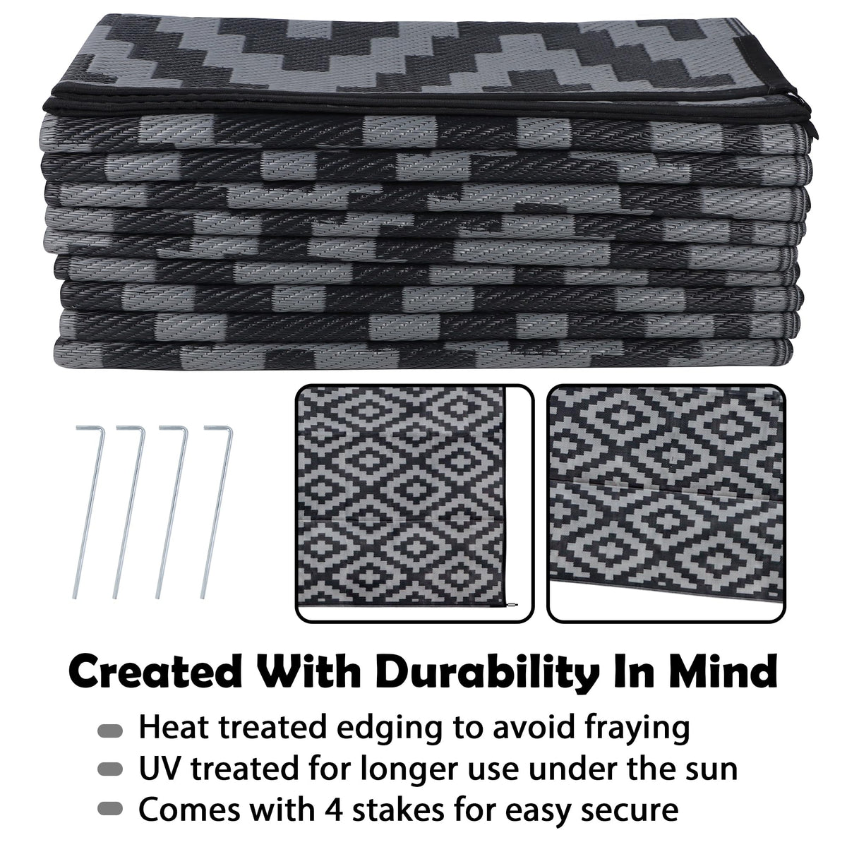 SAND MINE Waterproof Outdoor Rug 10x20 ft, Plastic Reversible Rug, Modern Area Rug, Large Floor Mat for Outdoors, RV, Patio, Backyard, Deck, Picnic, Beach, Camping, Black & Grey