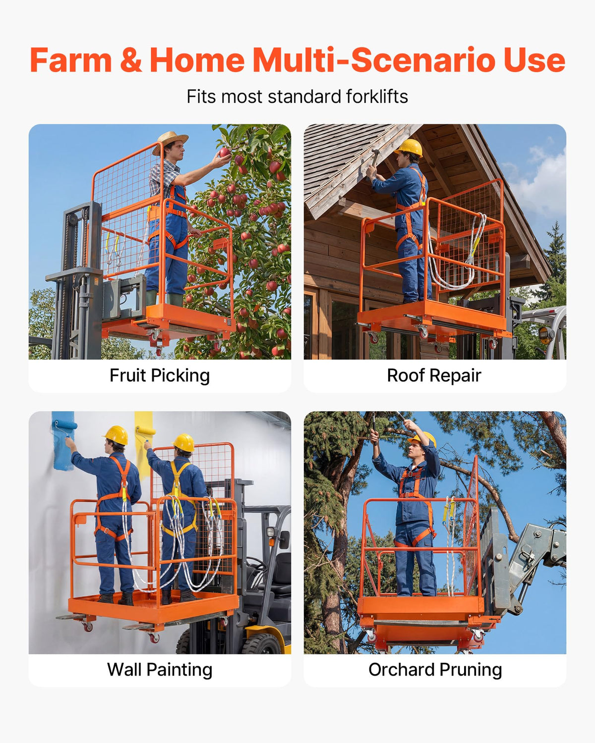 VEVOR Forklift Man Basket, 36.2 x 41.1 Inch Forklift Safety Cage with 4 Wheels, 1200 lbs Capacity, Heavy Duty Work Platform Collapsible Lift Basket, Safety Harness, for Aerial Work Lifting Loader